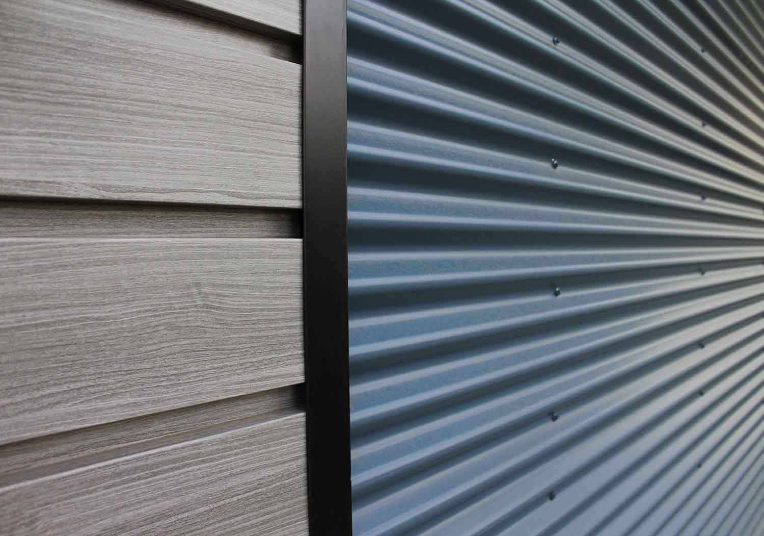 7/8" Corrugated in Oxford Blue with Forma Plank in Barnboard Woodgrain